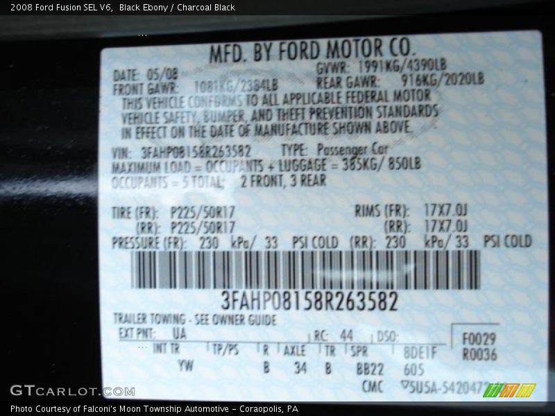 Black Ebony / Charcoal Black 2008 Ford Fusion SEL V6
