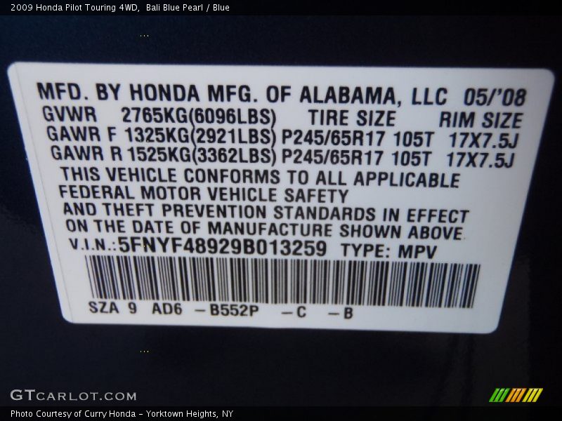 Bali Blue Pearl / Blue 2009 Honda Pilot Touring 4WD