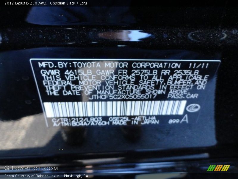 Obsidian Black / Ecru 2012 Lexus IS 250 AWD