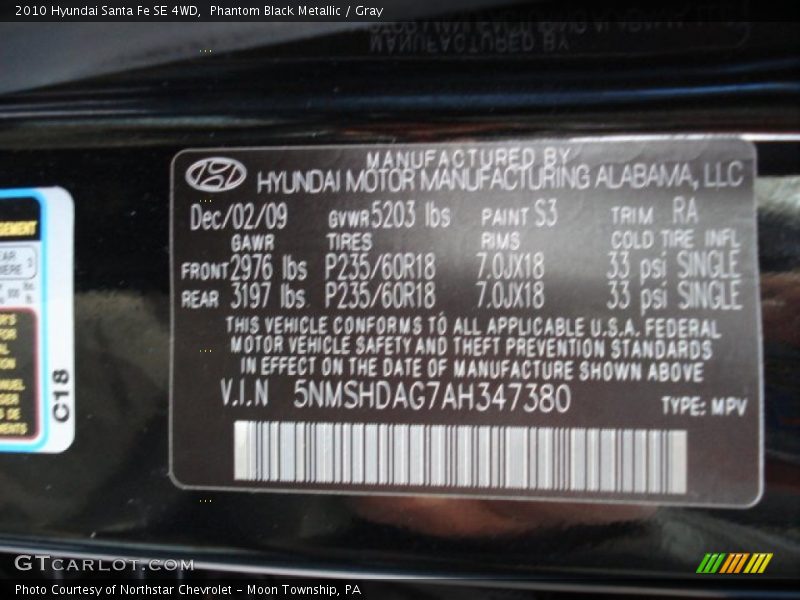 Phantom Black Metallic / Gray 2010 Hyundai Santa Fe SE 4WD