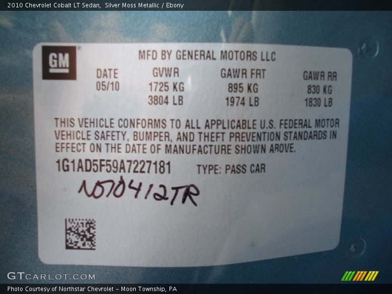 Silver Moss Metallic / Ebony 2010 Chevrolet Cobalt LT Sedan