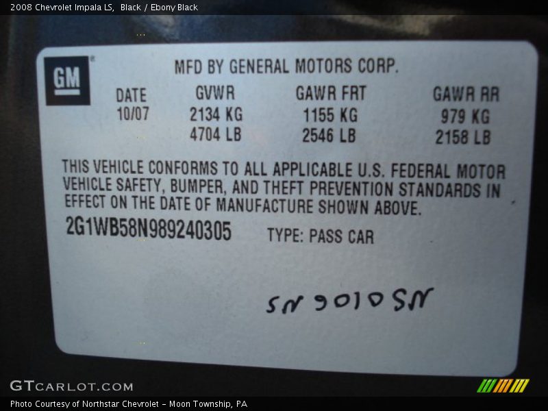 Black / Ebony Black 2008 Chevrolet Impala LS