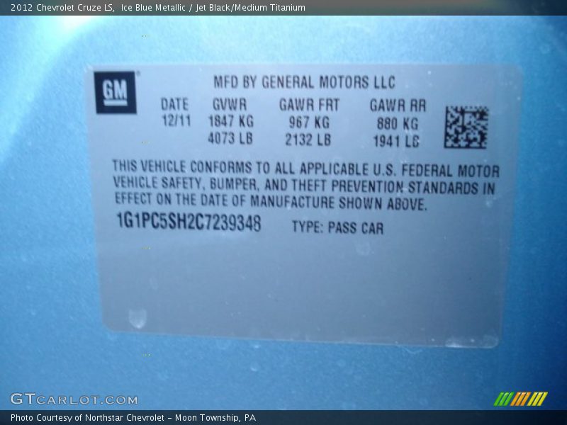 Ice Blue Metallic / Jet Black/Medium Titanium 2012 Chevrolet Cruze LS