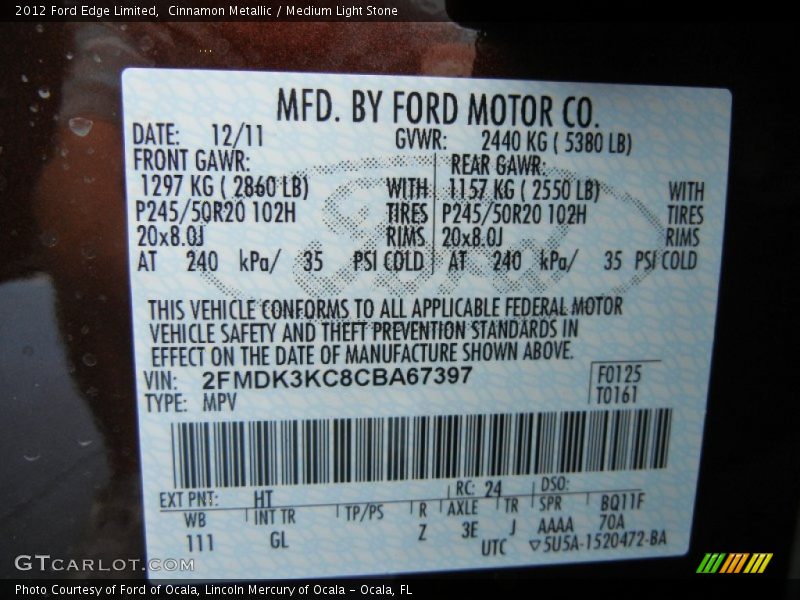2012 Edge Limited Cinnamon Metallic Color Code HT