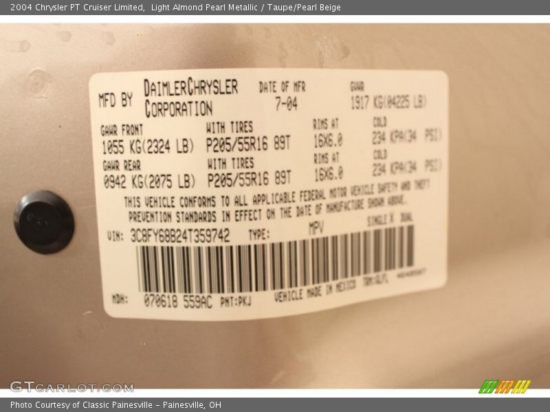 2004 PT Cruiser Limited Light Almond Pearl Metallic Color Code PKJ