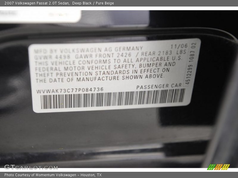Deep Black / Pure Beige 2007 Volkswagen Passat 2.0T Sedan