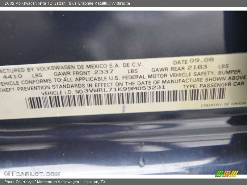 Blue Graphite Metallic / Anthracite 2009 Volkswagen Jetta TDI Sedan