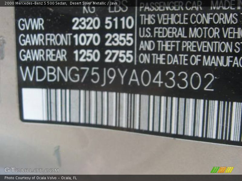 Desert Silver Metallic / Java 2000 Mercedes-Benz S 500 Sedan