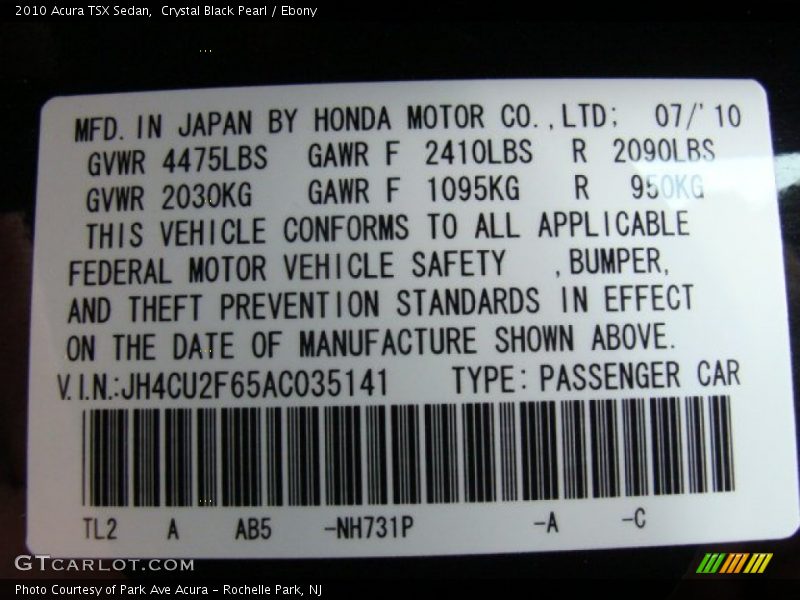 2010 TSX Sedan Crystal Black Pearl Color Code NH731P