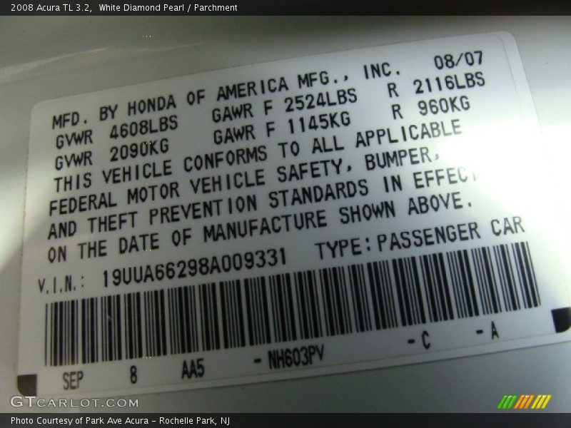White Diamond Pearl / Parchment 2008 Acura TL 3.2