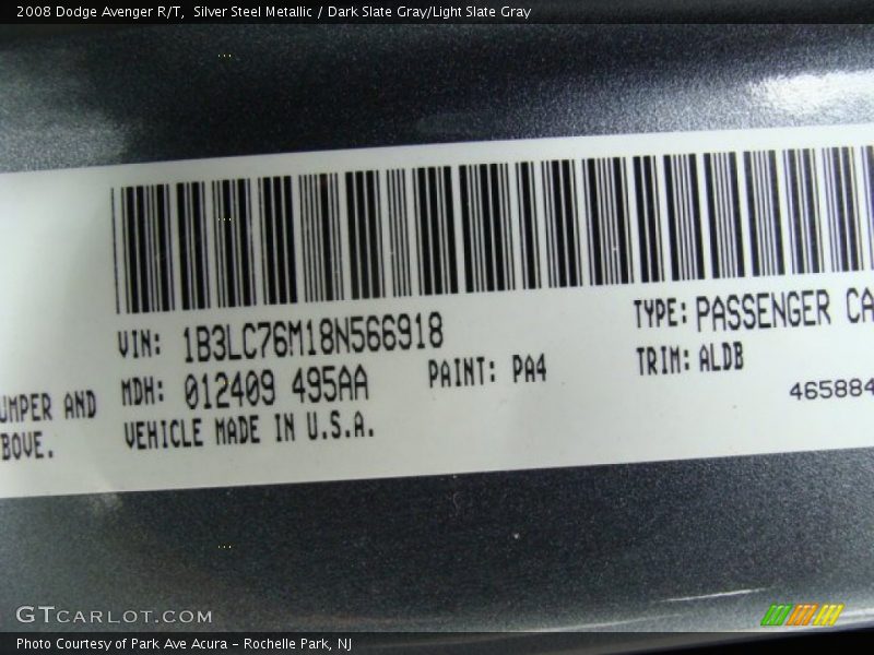 Silver Steel Metallic / Dark Slate Gray/Light Slate Gray 2008 Dodge Avenger R/T