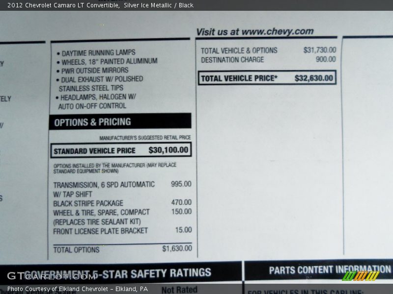  2012 Camaro LT Convertible Window Sticker