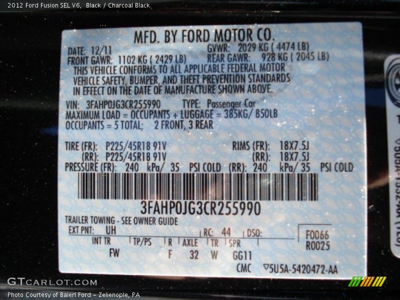 Black / Charcoal Black 2012 Ford Fusion SEL V6