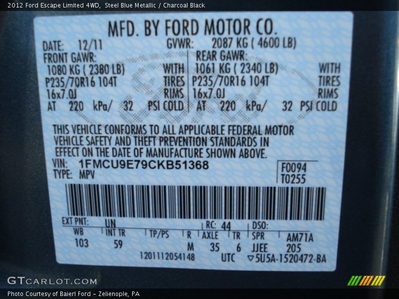 Steel Blue Metallic / Charcoal Black 2012 Ford Escape Limited 4WD