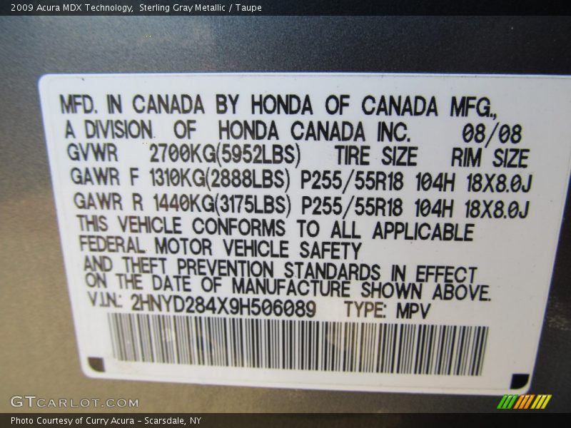 Sterling Gray Metallic / Taupe 2009 Acura MDX Technology