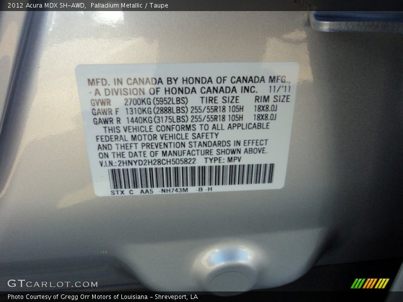 2012 MDX SH-AWD Palladium Metallic Color Code NH743M