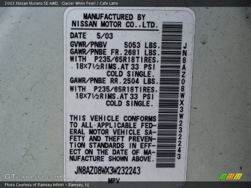 Glacier White Pearl / Cafe Latte 2003 Nissan Murano SE AWD