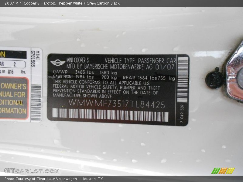 Pepper White / Grey/Carbon Black 2007 Mini Cooper S Hardtop