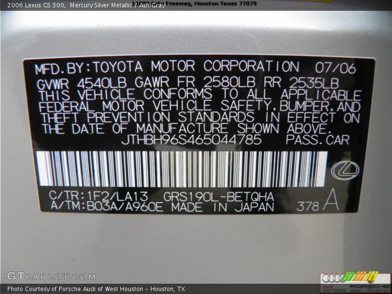 Mercury Silver Metallic / Ash Gray 2006 Lexus GS 300