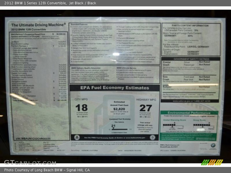  2012 1 Series 128i Convertible Window Sticker