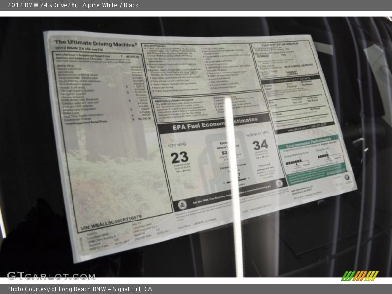  2012 Z4 sDrive28i Window Sticker