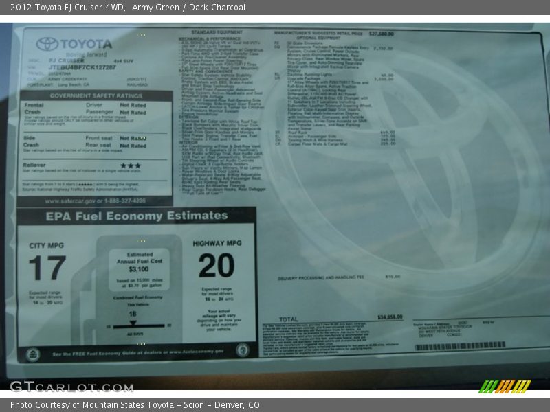  2012 FJ Cruiser 4WD Window Sticker