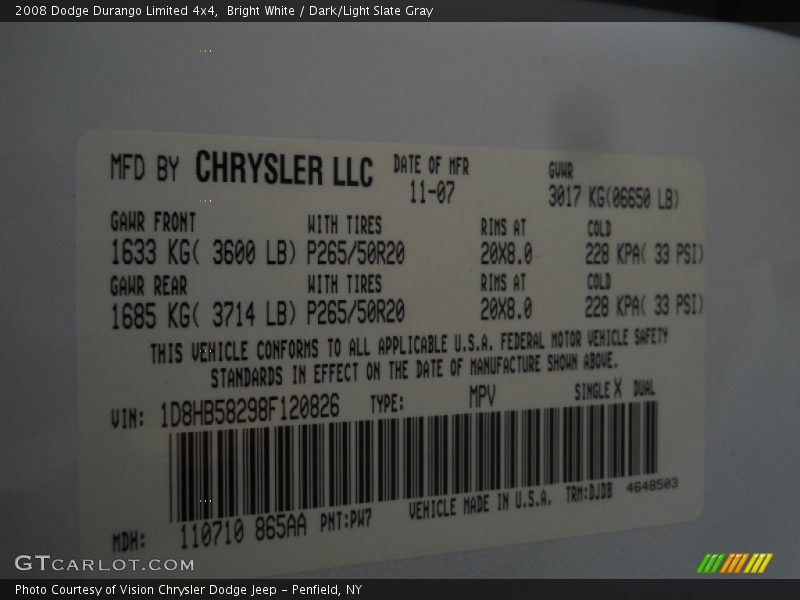 Bright White / Dark/Light Slate Gray 2008 Dodge Durango Limited 4x4