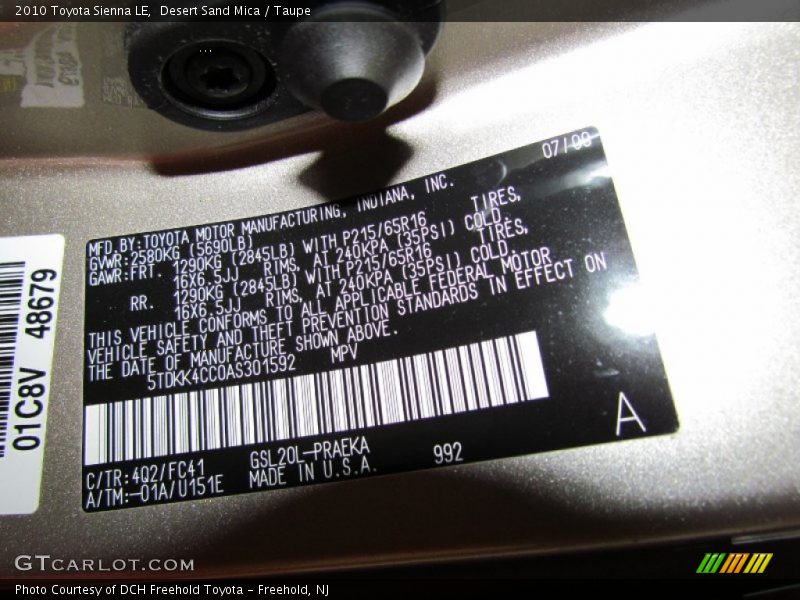 Desert Sand Mica / Taupe 2010 Toyota Sienna LE