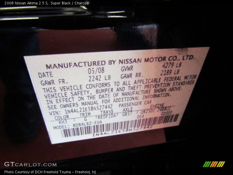 Super Black / Charcoal 2008 Nissan Altima 2.5 S