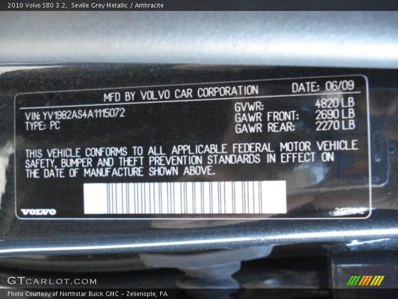 Seville Grey Metallic / Anthracite 2010 Volvo S80 3.2