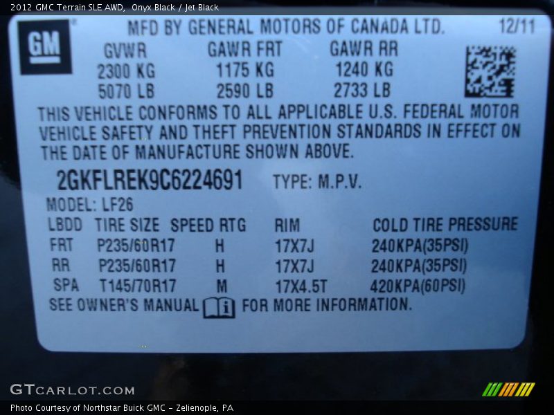 Onyx Black / Jet Black 2012 GMC Terrain SLE AWD