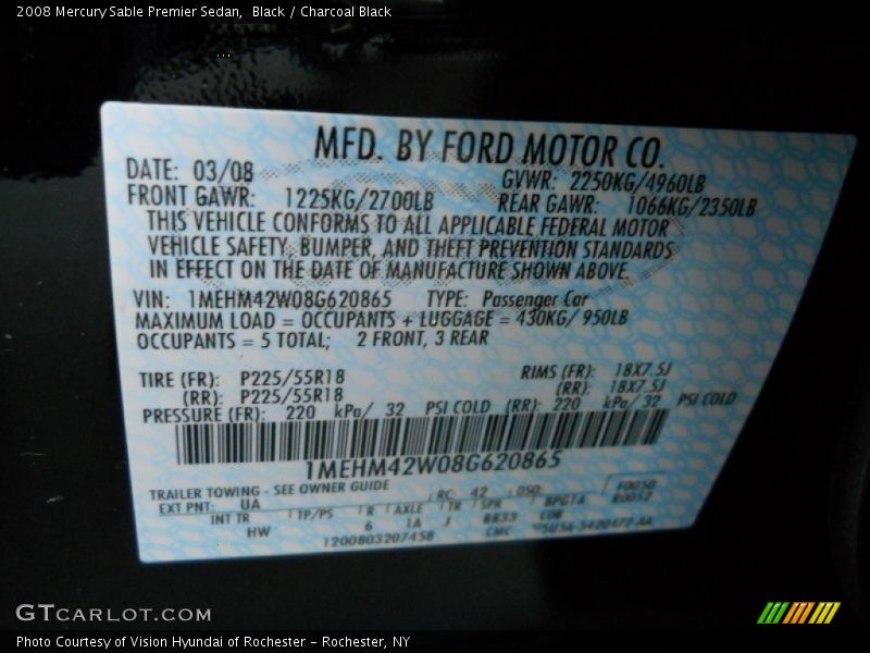 Black / Charcoal Black 2008 Mercury Sable Premier Sedan