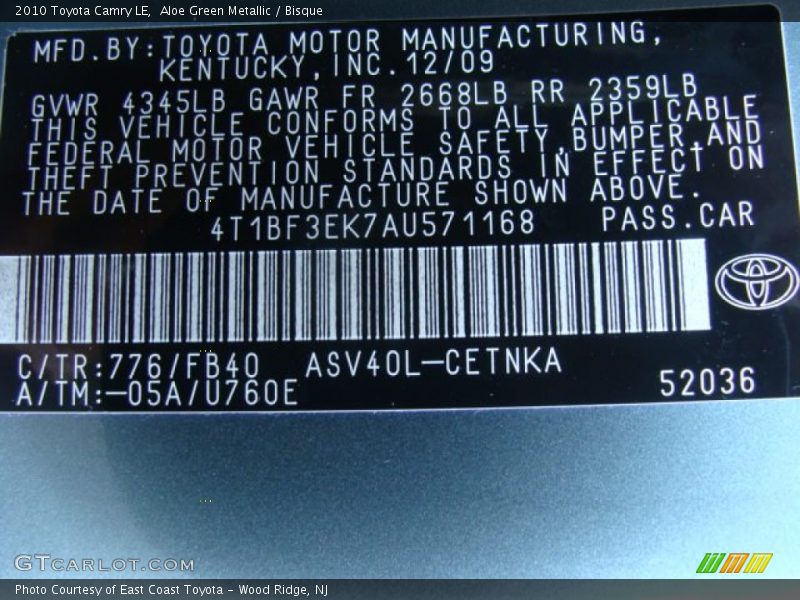 Aloe Green Metallic / Bisque 2010 Toyota Camry LE