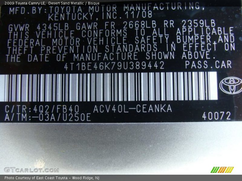 Desert Sand Metallic / Bisque 2009 Toyota Camry LE