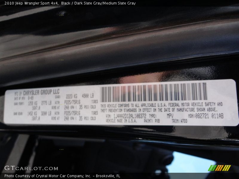 Black / Dark Slate Gray/Medium Slate Gray 2010 Jeep Wrangler Sport 4x4