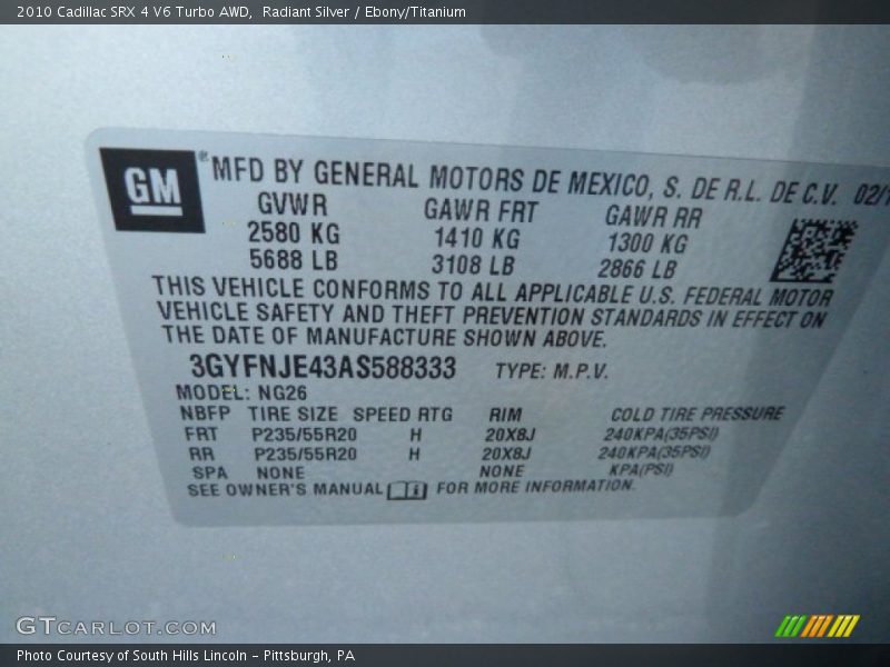 Info Tag of 2010 SRX 4 V6 Turbo AWD