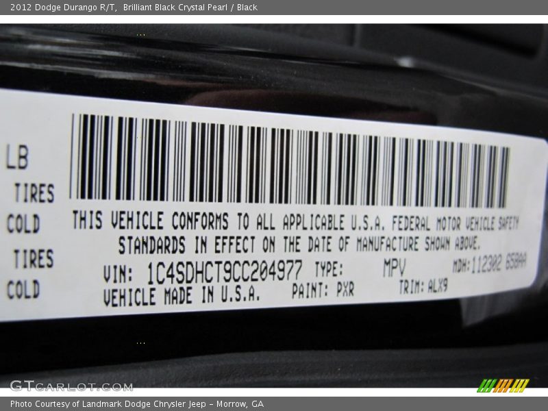 2012 Durango R/T Brilliant Black Crystal Pearl Color Code PXR
