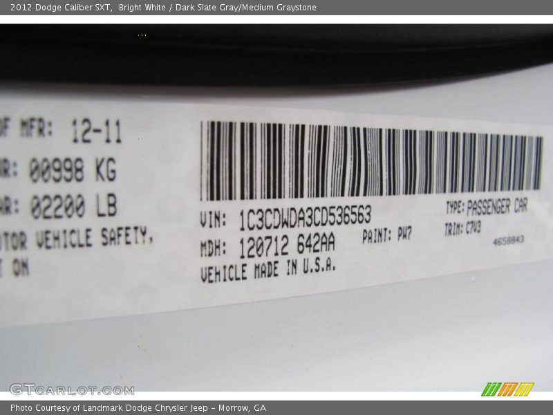 Bright White / Dark Slate Gray/Medium Graystone 2012 Dodge Caliber SXT