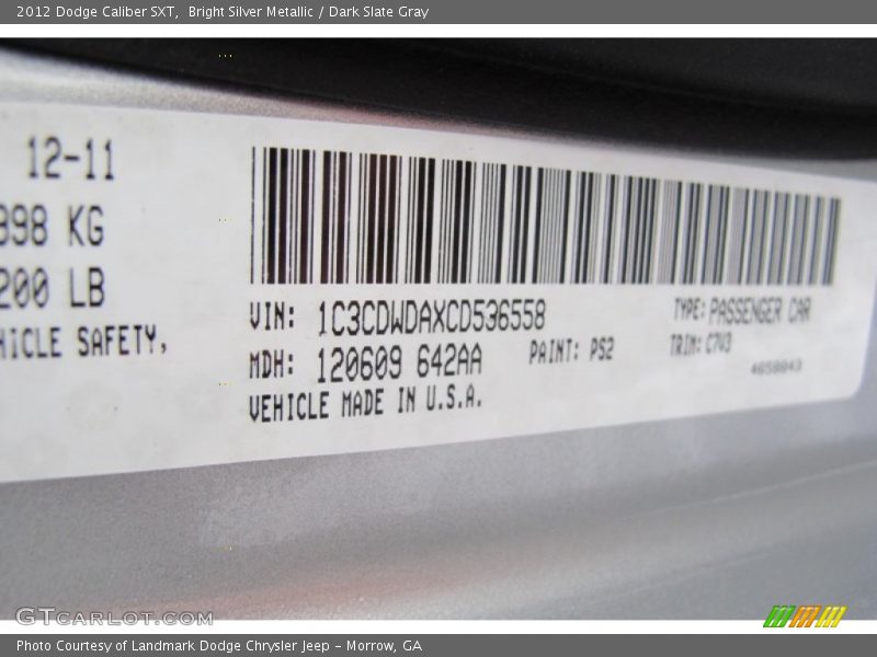 Bright Silver Metallic / Dark Slate Gray 2012 Dodge Caliber SXT