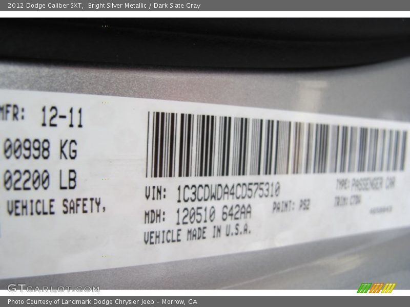 Bright Silver Metallic / Dark Slate Gray 2012 Dodge Caliber SXT