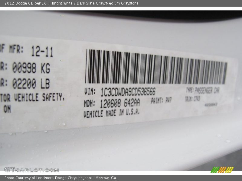 Bright White / Dark Slate Gray/Medium Graystone 2012 Dodge Caliber SXT