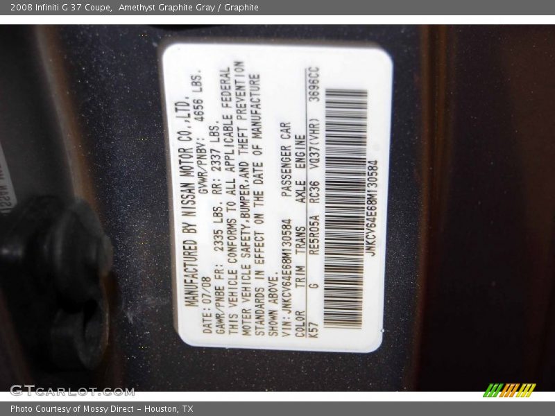 2008 G 37 Coupe Amethyst Graphite Gray Color Code K57
