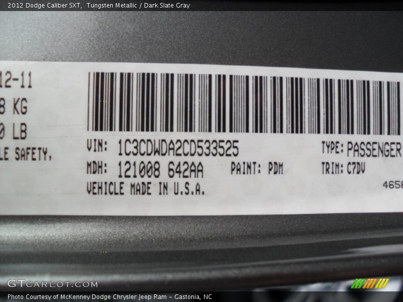 2012 Caliber SXT Tungsten Metallic Color Code PDM