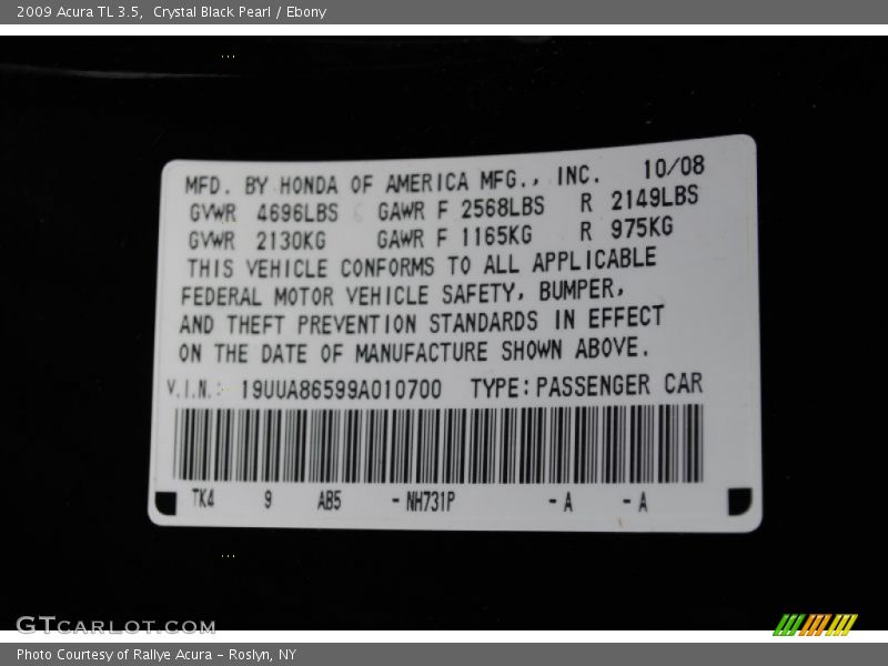 Crystal Black Pearl / Ebony 2009 Acura TL 3.5