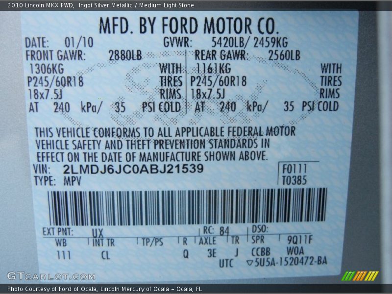 Ingot Silver Metallic / Medium Light Stone 2010 Lincoln MKX FWD