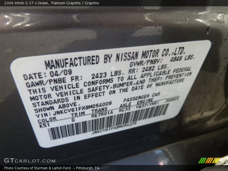 Platinum Graphite / Graphite 2009 Infiniti G 37 x Sedan