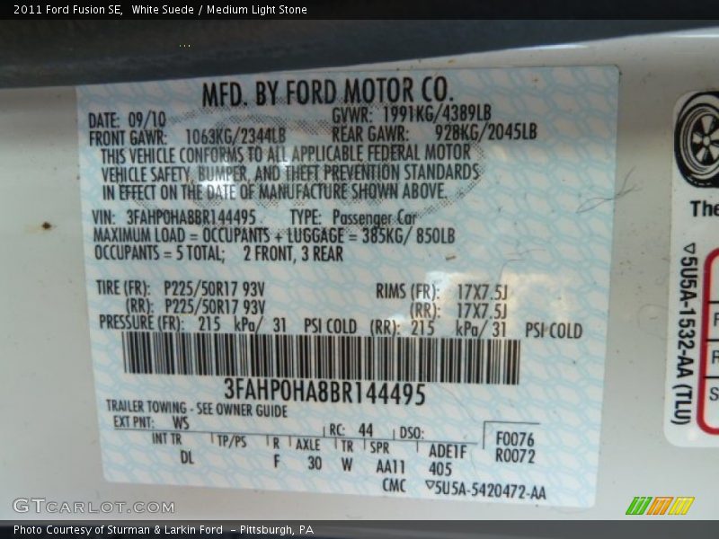 White Suede / Medium Light Stone 2011 Ford Fusion SE