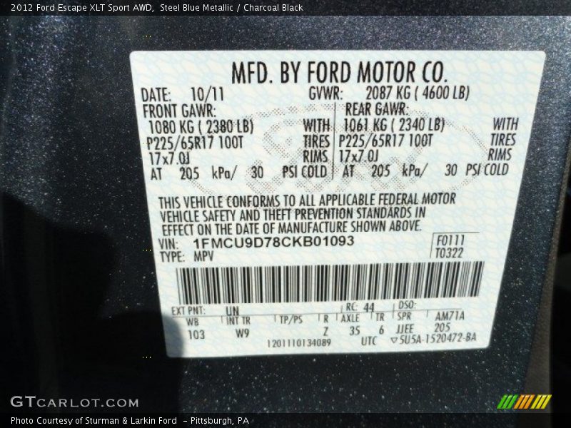Steel Blue Metallic / Charcoal Black 2012 Ford Escape XLT Sport AWD