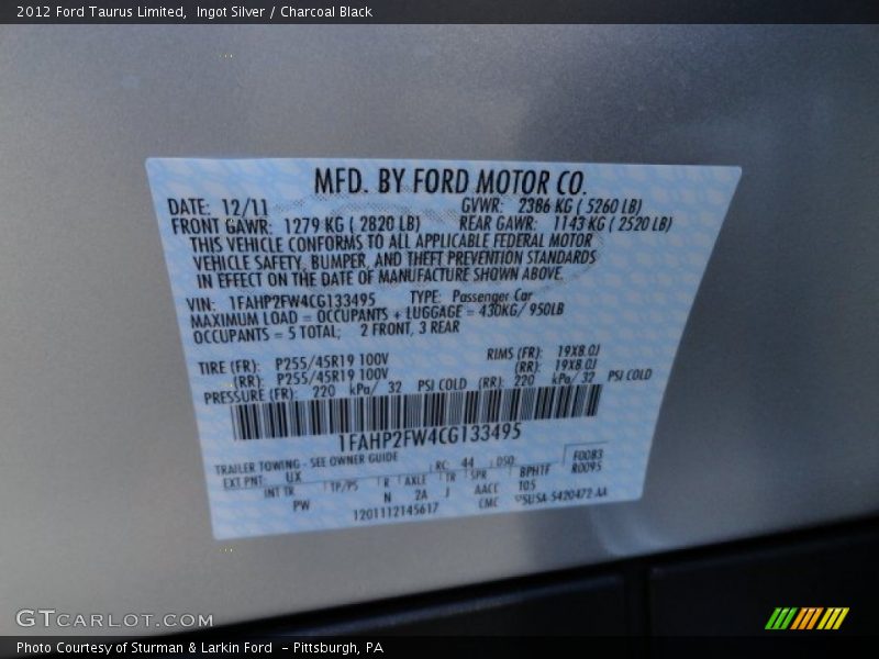 Ingot Silver / Charcoal Black 2012 Ford Taurus Limited