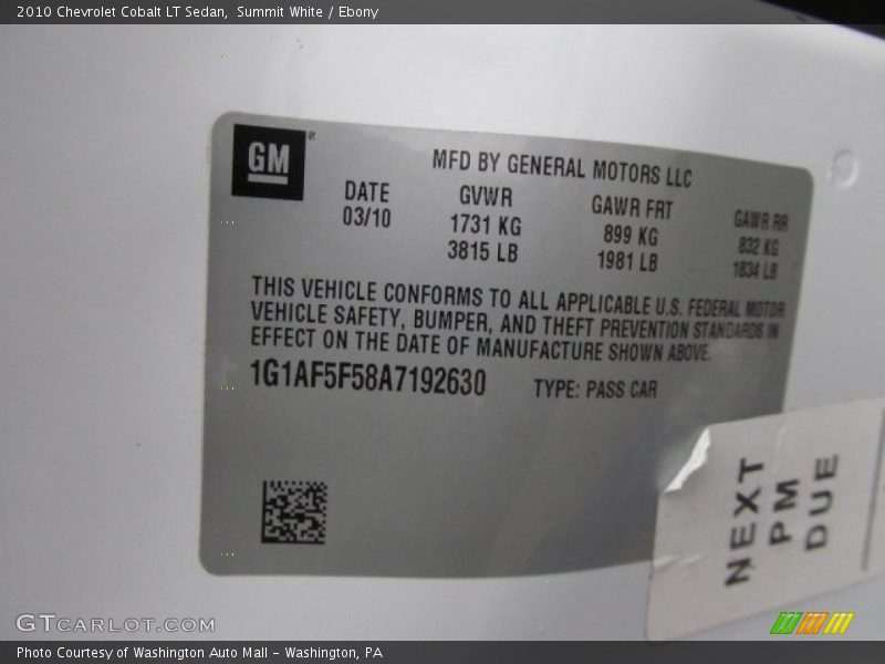 Summit White / Ebony 2010 Chevrolet Cobalt LT Sedan